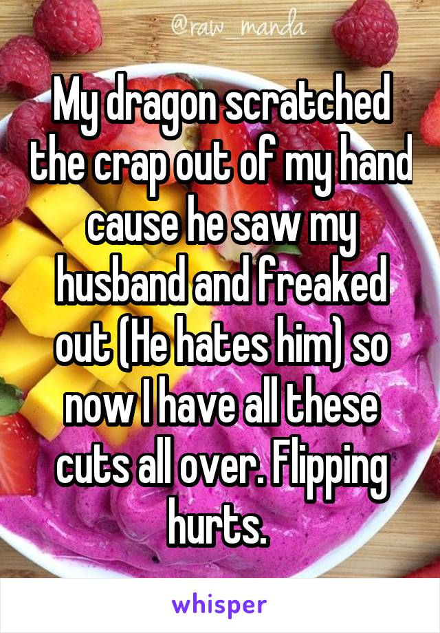 My dragon scratched the crap out of my hand cause he saw my husband and freaked out (He hates him) so now I have all these cuts all over. Flipping hurts. 
