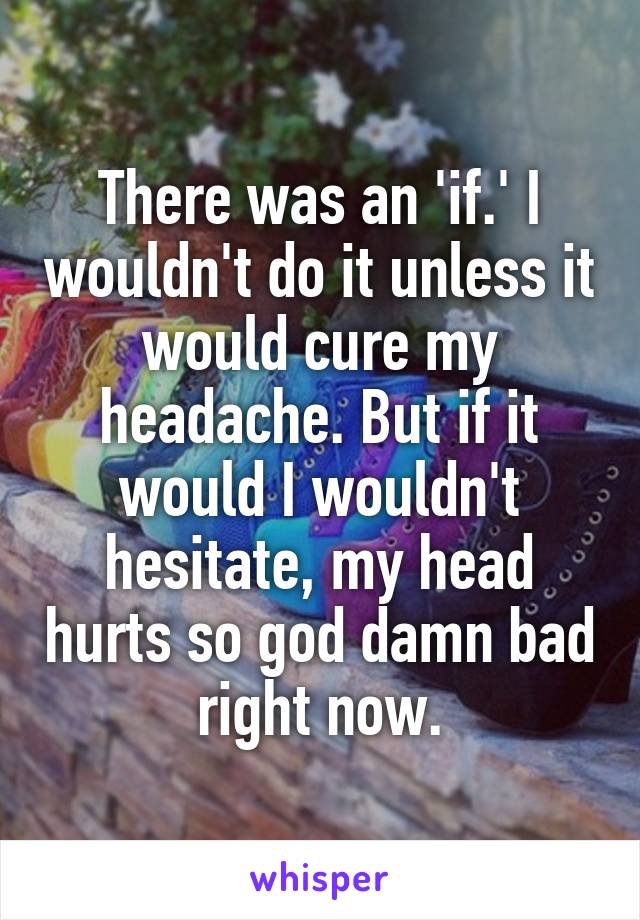 There was an 'if.' I wouldn't do it unless it would cure my headache. But if it would I wouldn't hesitate, my head hurts so god damn bad right now.