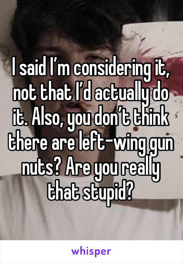 I said I’m considering it, not that I’d actually do it. Also, you don’t think there are left-wing gun nuts? Are you really that stupid?