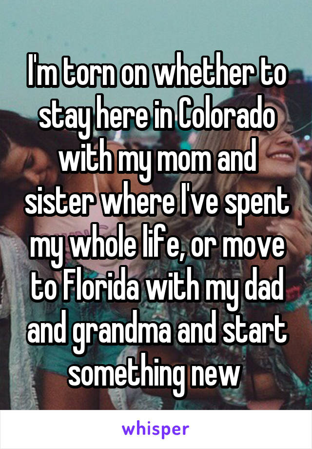 I'm torn on whether to stay here in Colorado with my mom and sister where I've spent my whole life, or move to Florida with my dad and grandma and start something new 