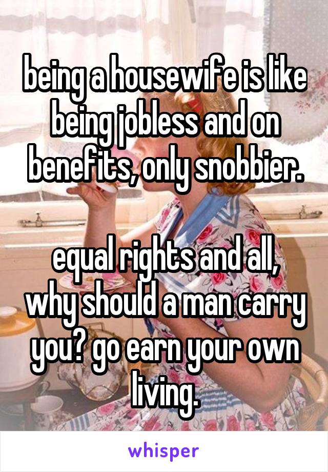 being a housewife is like being jobless and on benefits, only snobbier.

equal rights and all, why should a man carry you? go earn your own living.