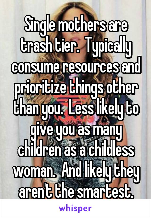 Single mothers are trash tier.  Typically consume resources and prioritize things other than you.  Less likely to give you as many children as a childless woman.  And likely they aren't the smartest.