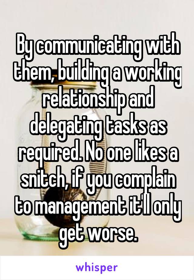 By communicating with them, building a working relationship and delegating tasks as required. No one likes a snitch, if you complain to management it'll only get worse.