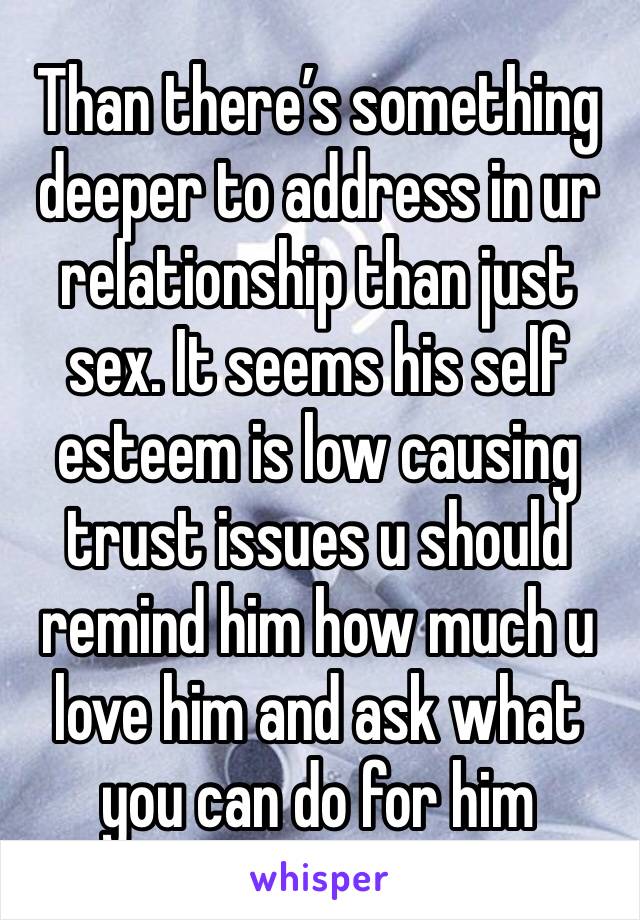 Than there’s something deeper to address in ur relationship than just sex. It seems his self esteem is low causing trust issues u should remind him how much u love him and ask what you can do for him