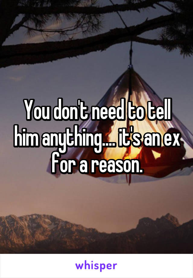 You don't need to tell him anything.... it's an ex for a reason.
