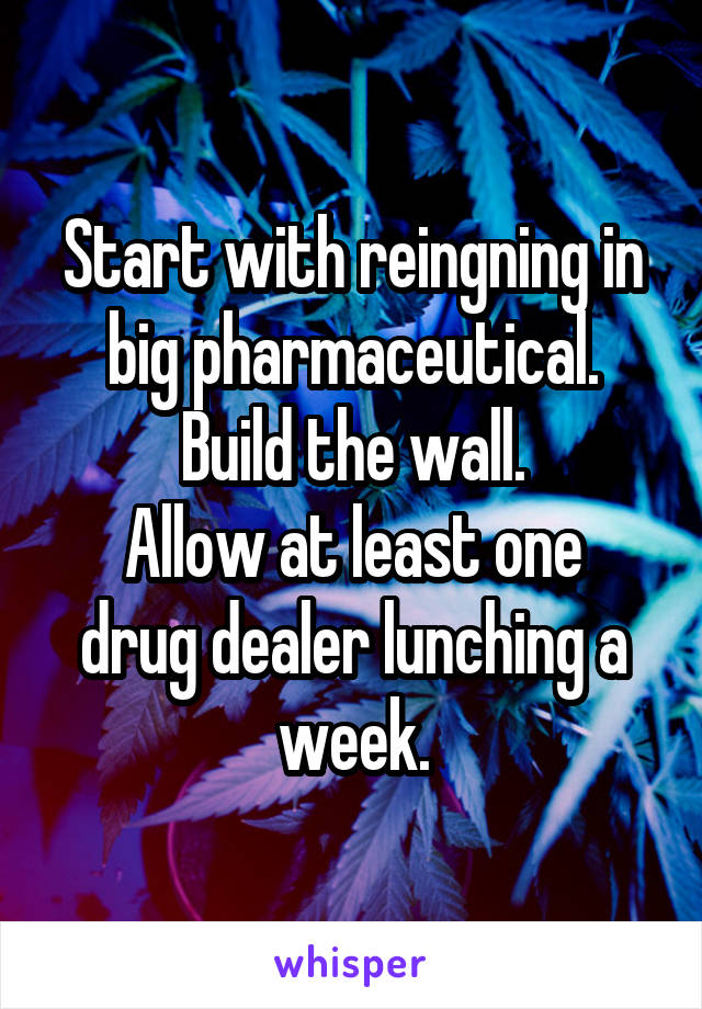 Start with reingning in big pharmaceutical.
Build the wall.
Allow at least one drug dealer lunching a week.