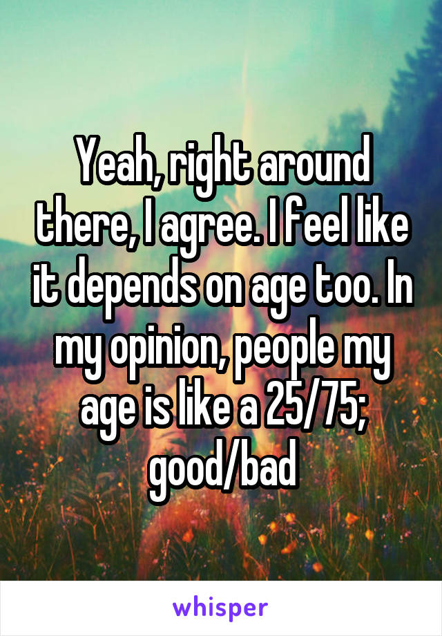 Yeah, right around there, I agree. I feel like it depends on age too. In my opinion, people my age is like a 25/75; good/bad