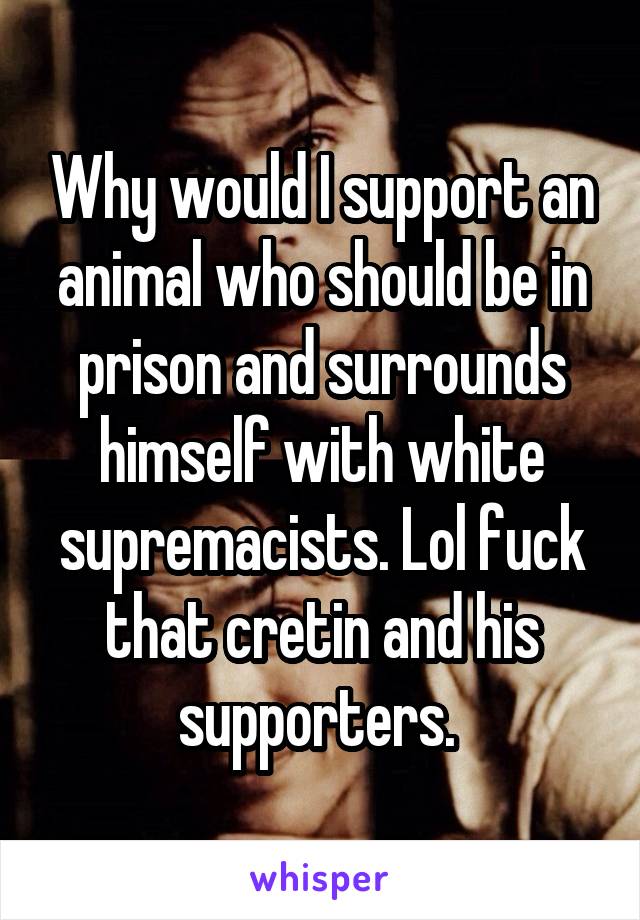 Why would I support an animal who should be in prison and surrounds himself with white supremacists. Lol fuck that cretin and his supporters. 