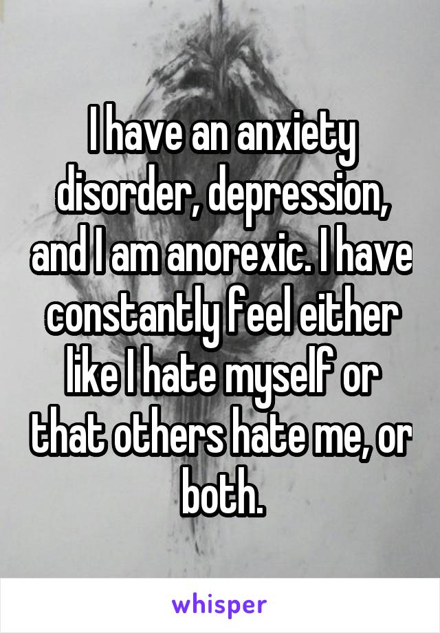 I have an anxiety disorder, depression, and I am anorexic. I have constantly feel either like I hate myself or that others hate me, or both.