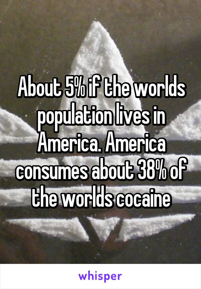 About 5% if the worlds population lives in America. America consumes about 38% of the worlds cocaine