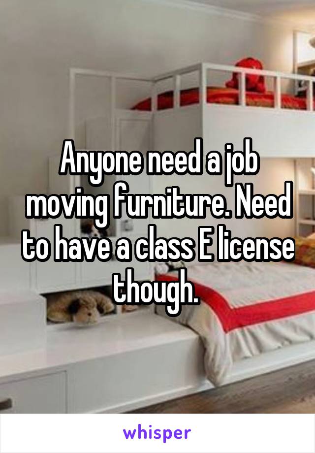 Anyone need a job moving furniture. Need to have a class E license though. 