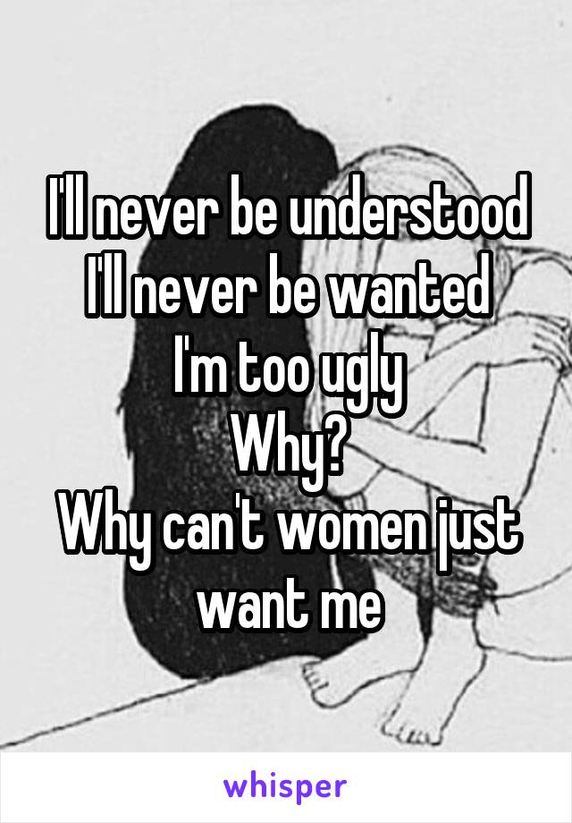 I'll never be understood
I'll never be wanted
I'm too ugly
Why?
Why can't women just want me