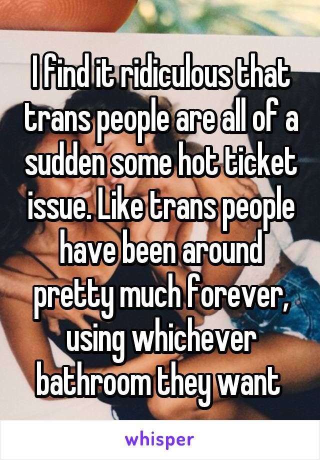 I find it ridiculous that trans people are all of a sudden some hot ticket issue. Like trans people have been around pretty much forever, using whichever bathroom they want 