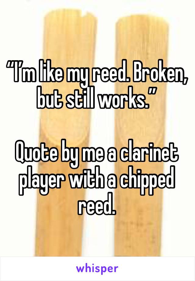 “I’m like my reed. Broken, but still works.” 

Quote by me a clarinet player with a chipped reed.