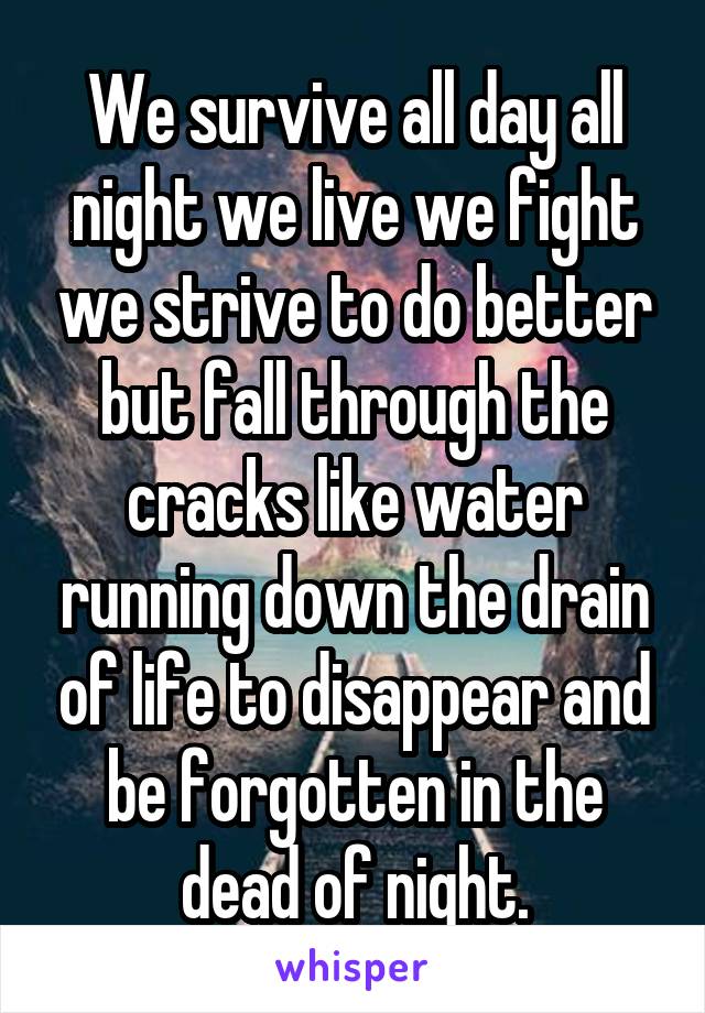 We survive all day all night we live we fight we strive to do better but fall through the cracks like water running down the drain of life to disappear and be forgotten in the dead of night.