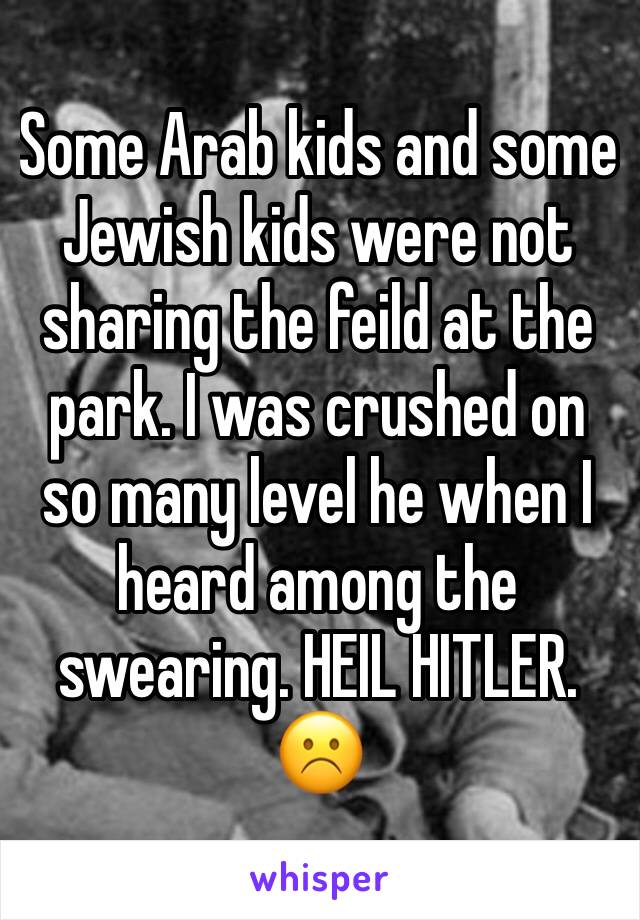 Some Arab kids and some Jewish kids were not sharing the feild at the park. I was crushed on so many level he when I heard among the swearing. HEIL HITLER. ☹️ 