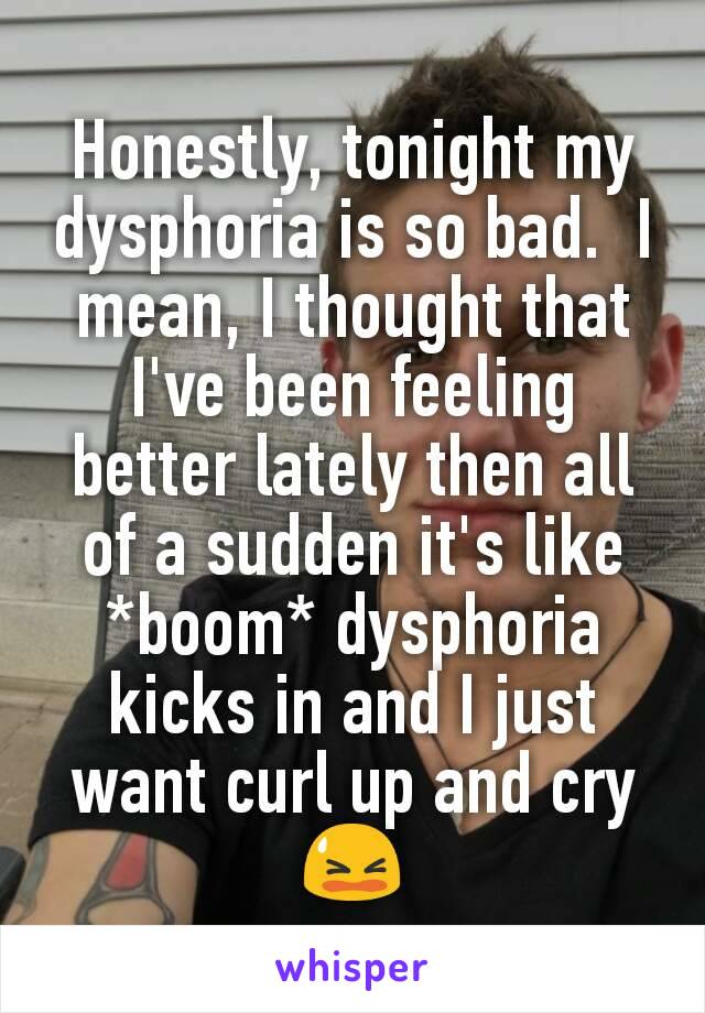 Honestly, tonight my dysphoria is so bad.  I mean, I thought that I've been feeling better lately then all of a sudden it's like *boom* dysphoria kicks in and I just want curl up and cry😫