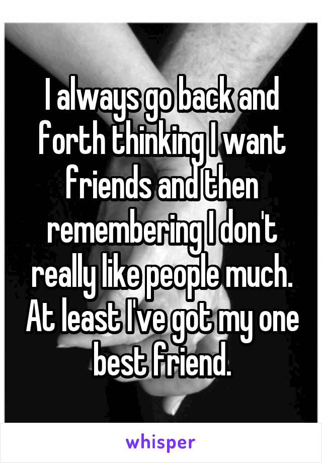 I always go back and forth thinking I want friends and then remembering I don't really like people much. At least I've got my one best friend.