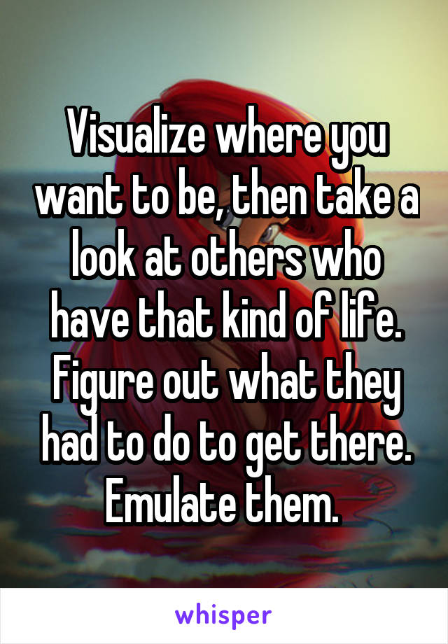 Visualize where you want to be, then take a look at others who have that kind of life. Figure out what they had to do to get there. Emulate them. 