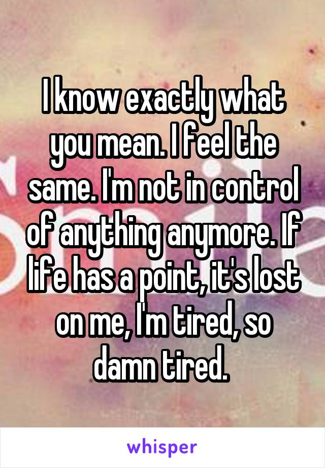 I know exactly what you mean. I feel the same. I'm not in control of anything anymore. If life has a point, it's lost on me, I'm tired, so damn tired. 