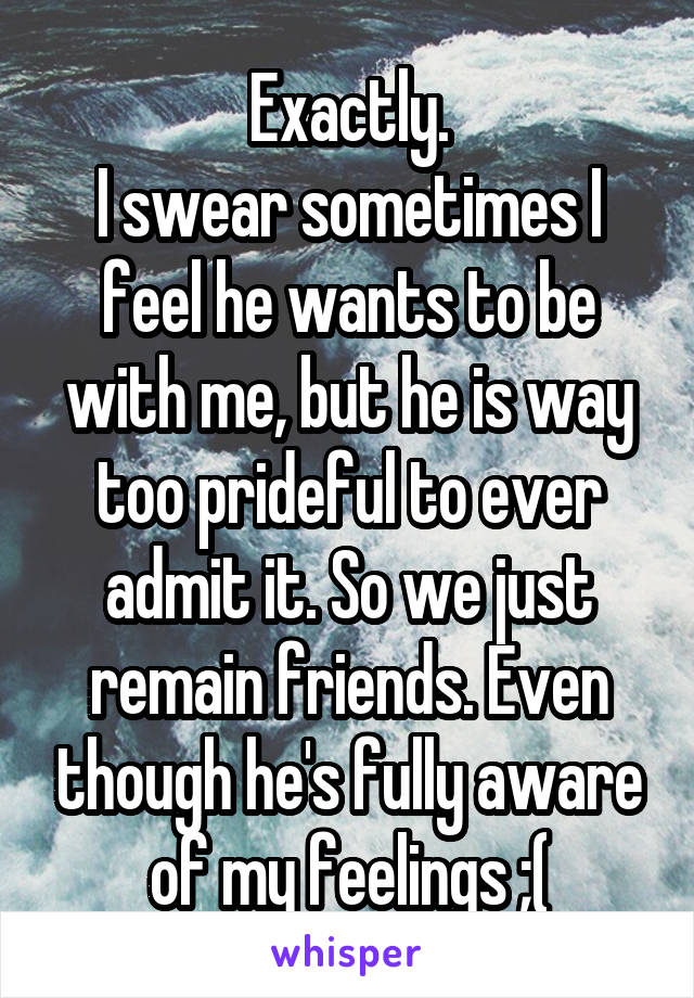 Exactly.
I swear sometimes I feel he wants to be with me, but he is way too prideful to ever admit it. So we just remain friends. Even though he's fully aware of my feelings ;(