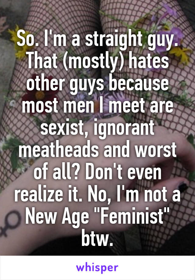 So. I'm a straight guy. That (mostly) hates other guys because most men I meet are sexist, ignorant meatheads and worst of all? Don't even realize it. No, I'm not a New Age "Feminist" btw.