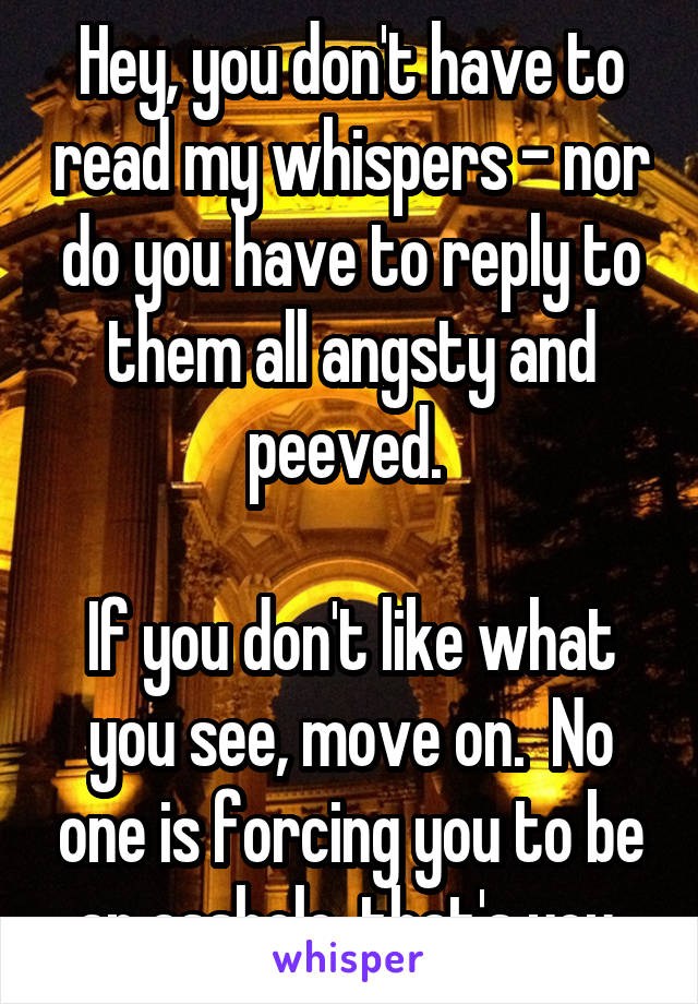 Hey, you don't have to read my whispers - nor do you have to reply to them all angsty and peeved. 

If you don't like what you see, move on.  No one is forcing you to be an asshole, that's you 
