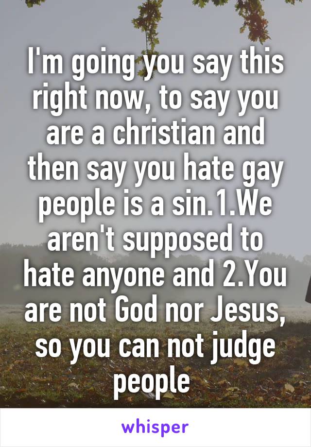 I'm going you say this right now, to say you are a christian and then say you hate gay people is a sin.1.We aren't supposed to hate anyone and 2.You are not God nor Jesus, so you can not judge people 