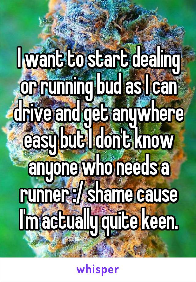 I want to start dealing or running bud as I can drive and get anywhere easy but I don't know anyone who needs a runner :/ shame cause I'm actually quite keen.