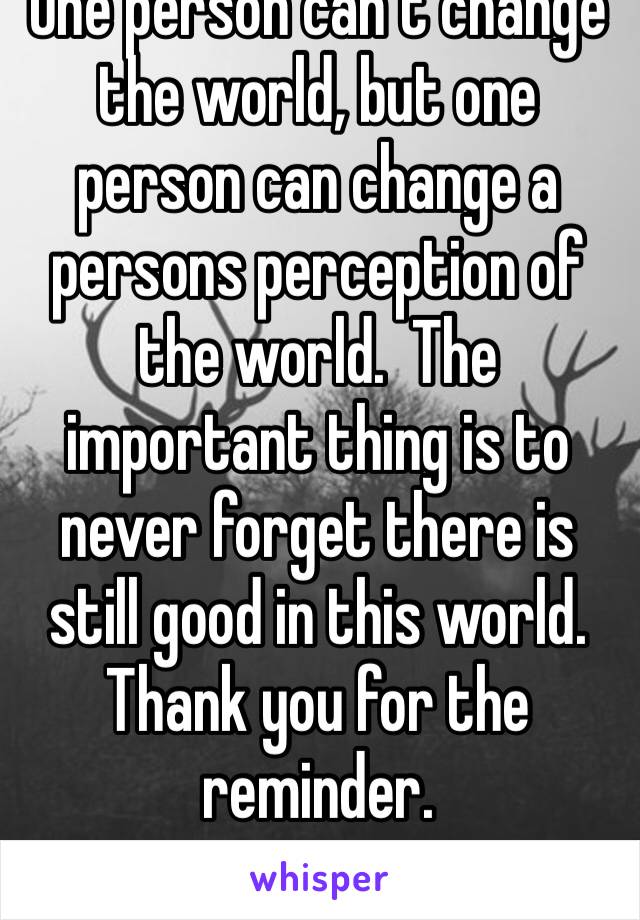 One person can’t change the world, but one person can change a persons perception of the world.  The important thing is to never forget there is still good in this world. Thank you for the reminder.