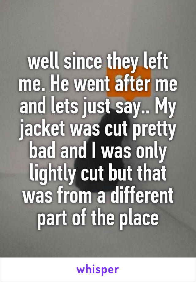 well since they left me. He went after me and lets just say.. My jacket was cut pretty bad and I was only lightly cut but that was from a different part of the place