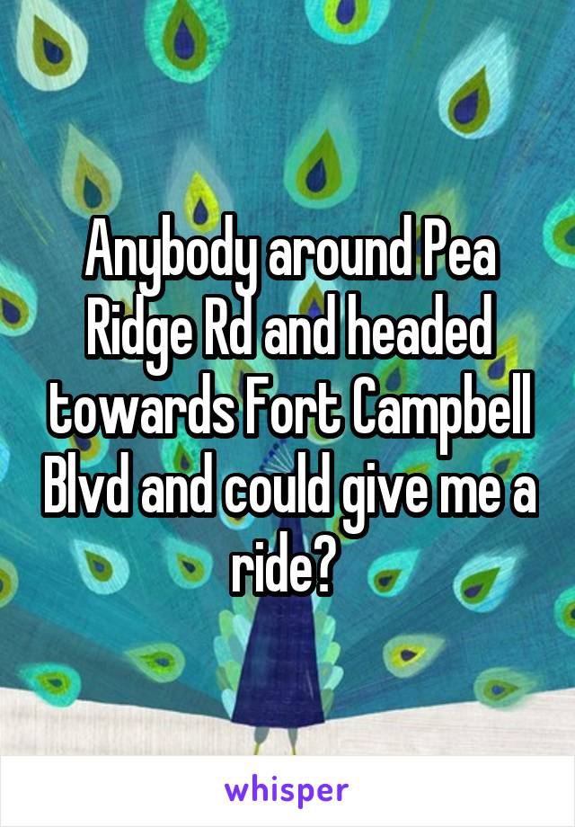 Anybody around Pea Ridge Rd and headed towards Fort Campbell Blvd and could give me a ride? 