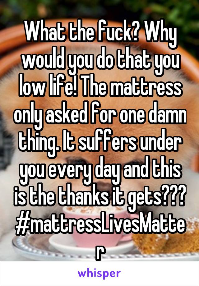 What the fuck? Why would you do that you low life! The mattress only asked for one damn thing. It suffers under you every day and this is the thanks it gets??? #mattressLivesMatter