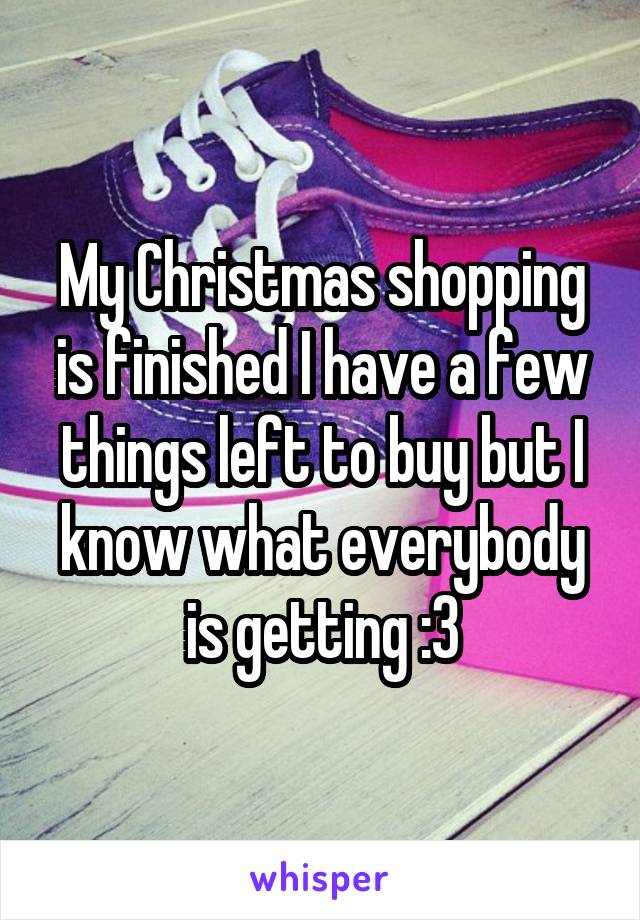 My Christmas shopping is finished I have a few things left to buy but I know what everybody is getting :3