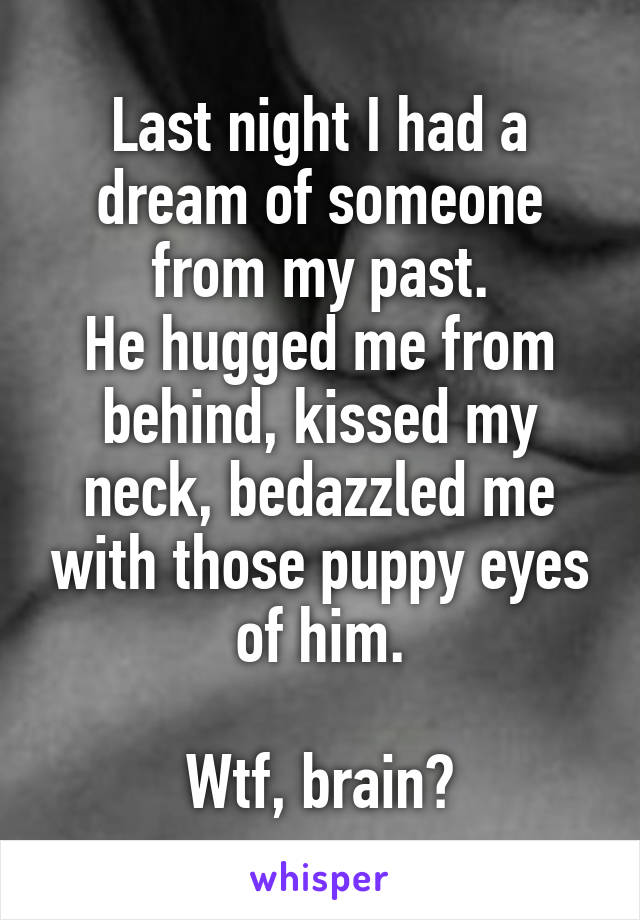 Last night I had a dream of someone from my past.
He hugged me from behind, kissed my neck, bedazzled me with those puppy eyes of him.

Wtf, brain?