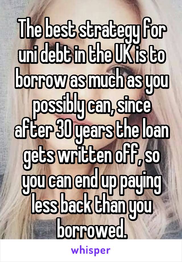 The best strategy for uni debt in the UK is to borrow as much as you possibly can, since after 30 years the loan gets written off, so you can end up paying less back than you borrowed.