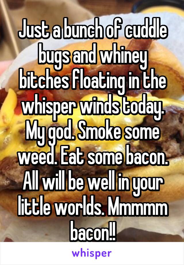 Just a bunch of cuddle bugs and whiney bitches floating in the whisper winds today. My god. Smoke some weed. Eat some bacon. All will be well in your little worlds. Mmmmm bacon!!