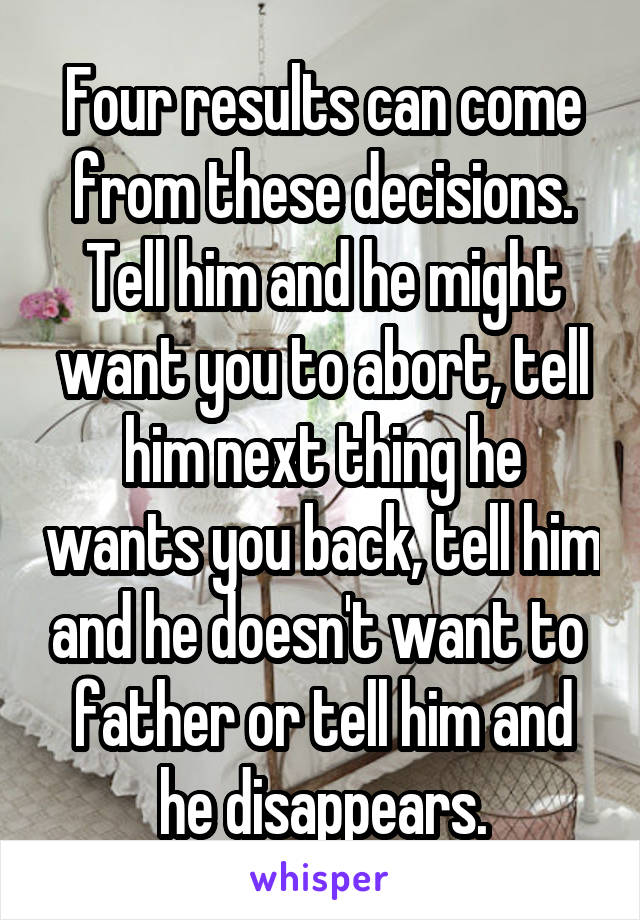 Four results can come from these decisions. Tell him and he might want you to abort, tell him next thing he wants you back, tell him and he doesn't want to  father or tell him and he disappears.