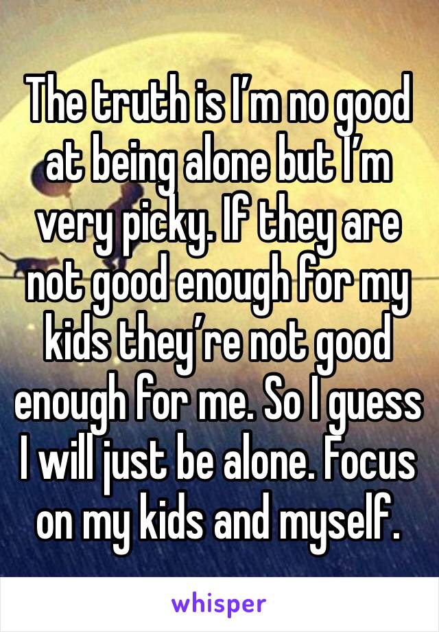 The truth is I’m no good at being alone but I’m very picky. If they are not good enough for my kids they’re not good enough for me. So I guess I will just be alone. Focus on my kids and myself.