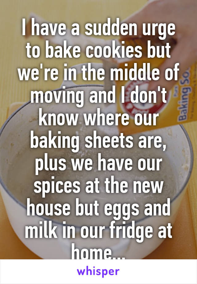 I have a sudden urge to bake cookies but we're in the middle of moving and I don't know where our baking sheets are, plus we have our spices at the new house but eggs and milk in our fridge at home...