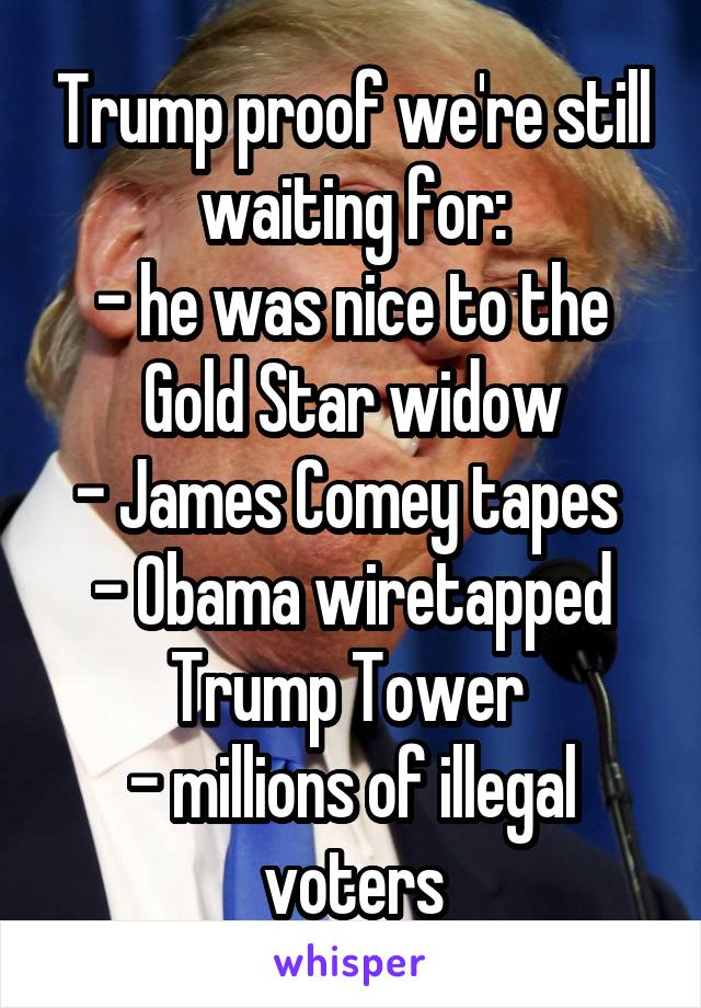 Trump proof we're still waiting for:
- he was nice to the Gold Star widow
- James Comey tapes 
- Obama wiretapped Trump Tower 
- millions of illegal voters