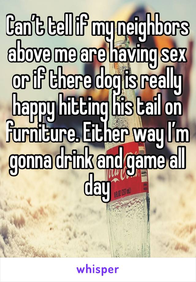 Can’t tell if my neighbors above me are having sex or if there dog is really happy hitting his tail on furniture. Either way I’m gonna drink and game all day