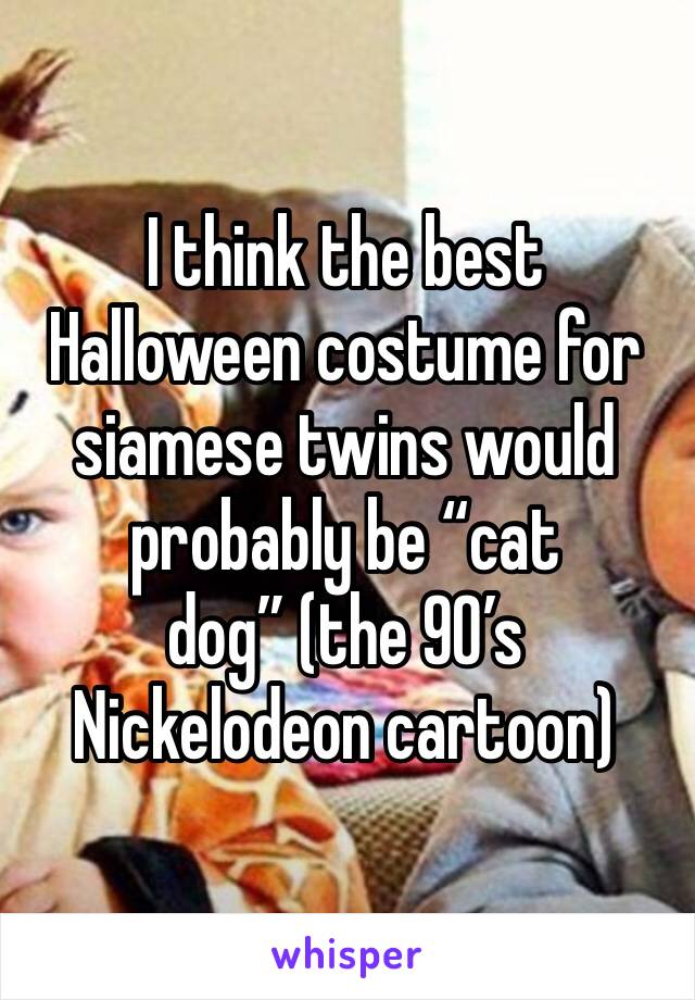 I think the best Halloween costume for siamese twins would probably be “cat dog” (the 90’s Nickelodeon cartoon)