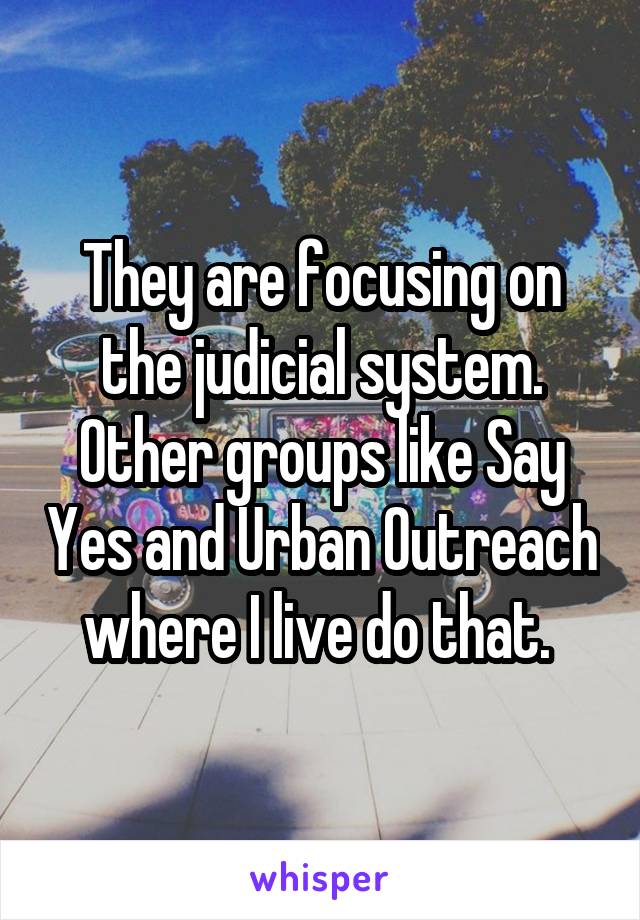 They are focusing on the judicial system. Other groups like Say Yes and Urban Outreach where I live do that. 