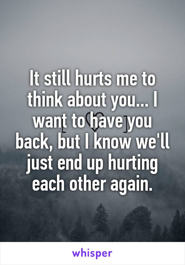 It still hurts me to think about you... I want to have you back, but I know we'll just end up hurting each other again.