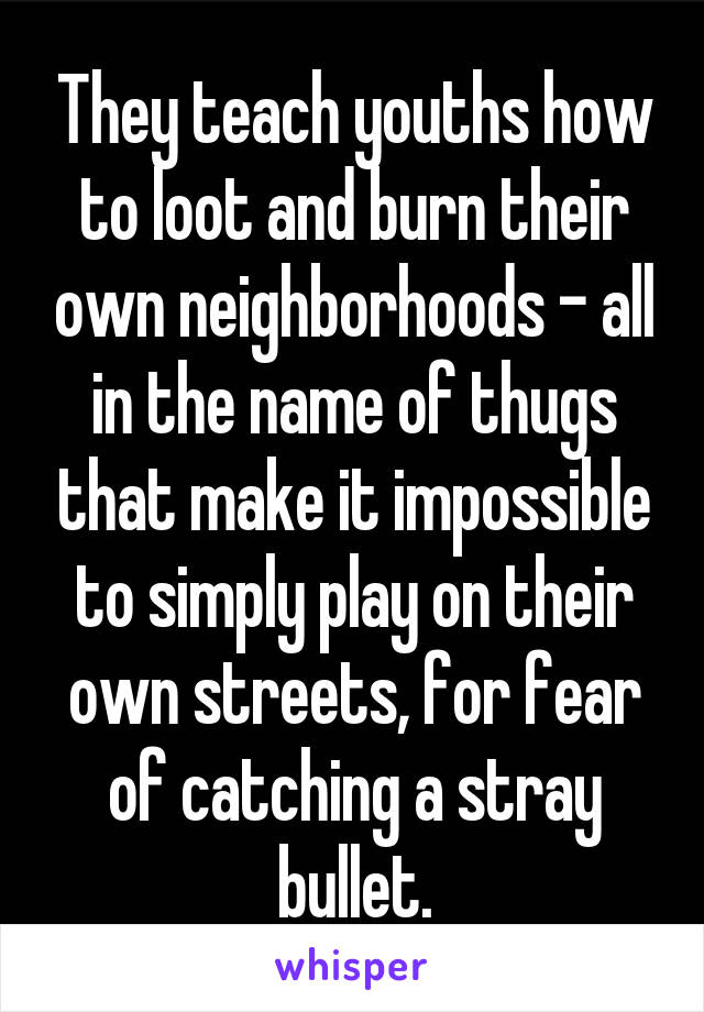 They teach youths how to loot and burn their own neighborhoods - all in the name of thugs that make it impossible to simply play on their own streets, for fear of catching a stray bullet.