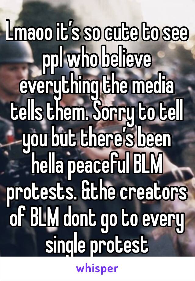 Lmaoo it’s so cute to see ppl who believe everything the media tells them. Sorry to tell you but there’s been hella peaceful BLM protests. &the creators of BLM dont go to every single protest