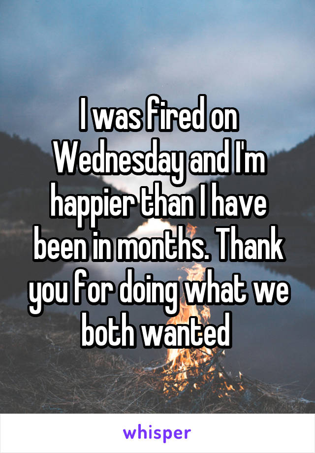 I was fired on Wednesday and I'm happier than I have been in months. Thank you for doing what we both wanted 