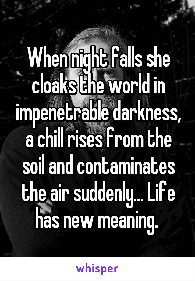 When night falls she cloaks the world in impenetrable darkness, a chill rises from the soil and contaminates the air suddenly... Life has new meaning. 