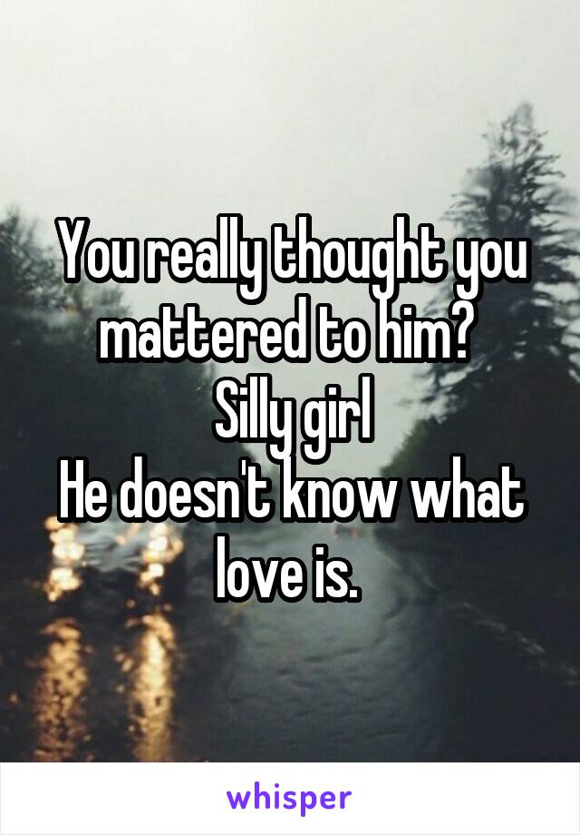 You really thought you mattered to him? 
Silly girl
He doesn't know what love is. 